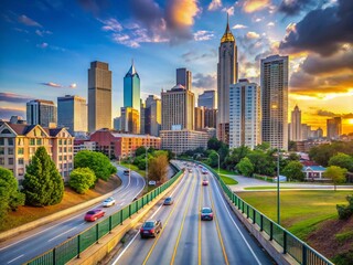 Fototapeta premium Atlanta Skyline Panoramic View from Jackson Street Bridge, Georgia Daytime Cityscape
