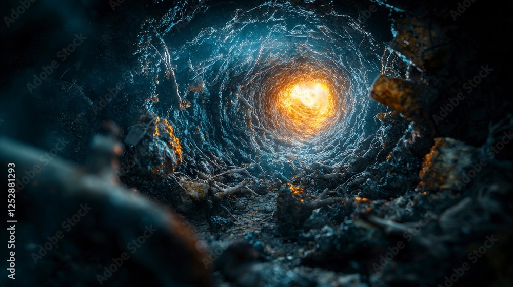 Poster Endless tunnel of light mythical depth digital art surreal environment close-up view time loop concept