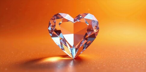 A sparkling heart-shaped gemstone rests on a warm, textured surface, reflecting a radiant glow.