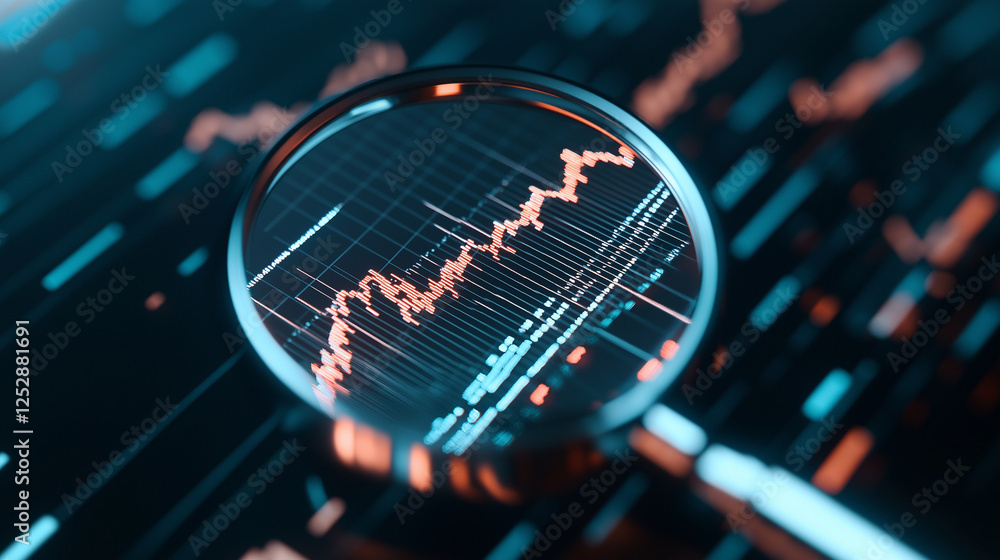 Poster a close-up of a magnifying glass highlighting a section of a financial report filled with stock mark