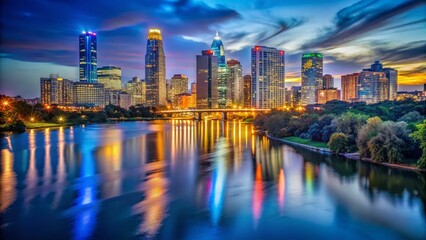 Obraz premium Austin Texas Night Cityscape, Colorado River Skyline Panorama