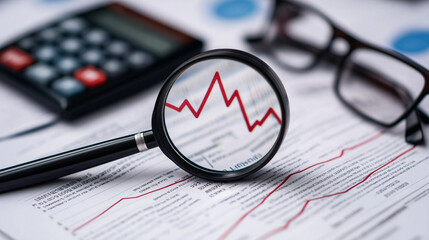 A magnifying glass focusing on a red downward trend line in a printed financial document, surrounded by a calculator, a pen, and a pair of reading glasses.