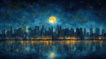 Fototapeta premium City skyline illuminated at night with twinkling stars and a glowing moon over serene waters, creating a captivating urban nightscape