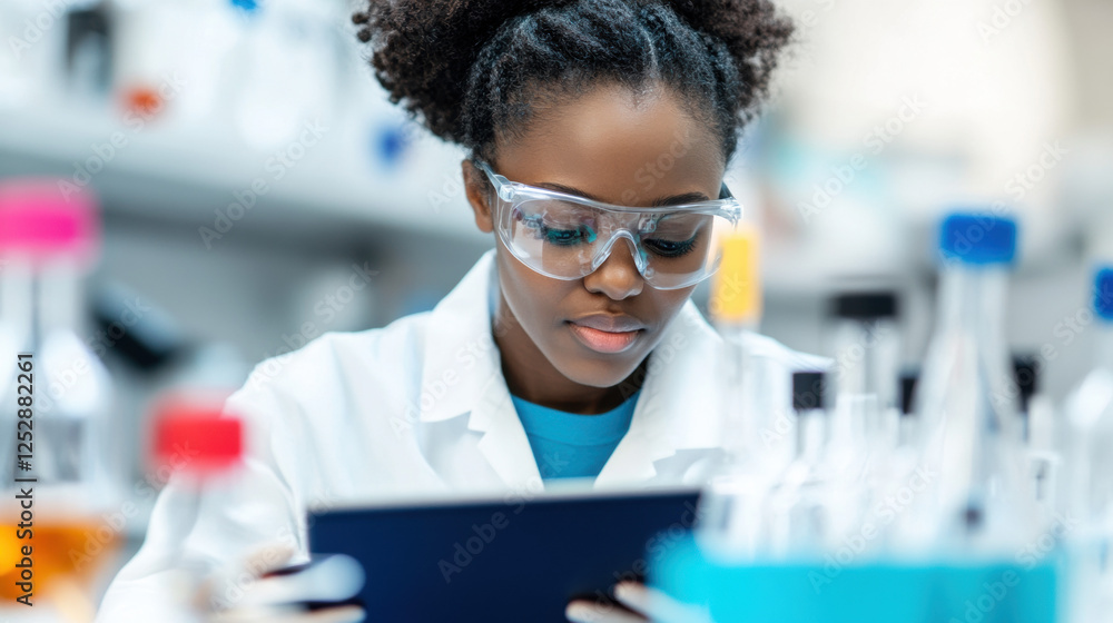 Poster lab laboratory, a scientist uses a digital tablet to monitor chemical data in a high-fidelity image.