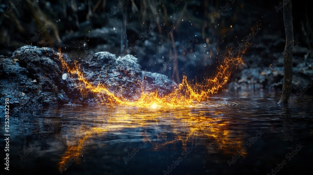 Aufkleber Dynamic water splashes illuminated by sparkling light nature scene close-up view capturing visible rhythms