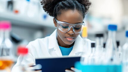 LAB laboratory, A scientist uses a digital tablet to monitor chemical data in a high-fidelity image.