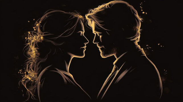 Couple in love sharing an intimate moment against a mystical background with swirling clouds and soft light