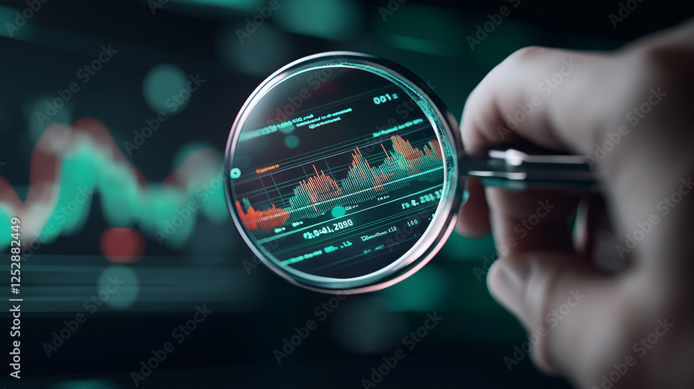 Aufkleber a digital magnifying tool on a futuristic touch-screen financial dashboard, zooming in on a complex 