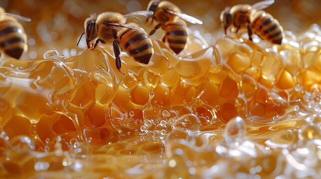 alv&Atilde;&copy;oles d'abeilles avec miel qui coule depuis le haut de l'image - fond jaune HD 8K wallpaper Photographic Image