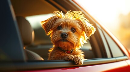Playful dog enjoying a sunset ride with head out of car window, capturing a joyful moment in nature