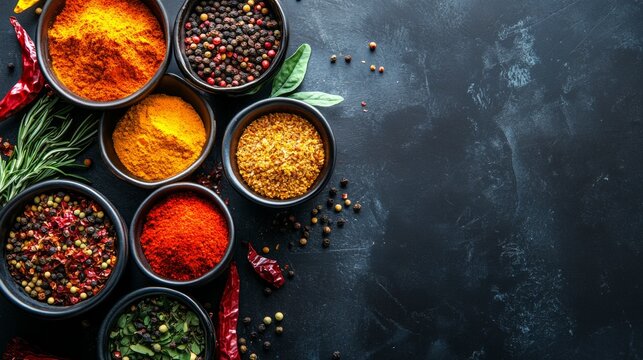 Colorful spices in bowls on a textured black background