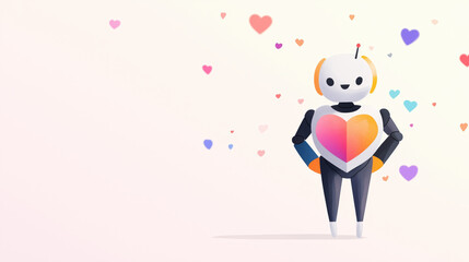 Cute watercolor robot with heart shaped chest and colorful hearts
