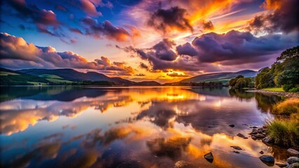 Obraz premium Bala Lake Sunset, North Wales: Dramatic Low Light Landscape Photography