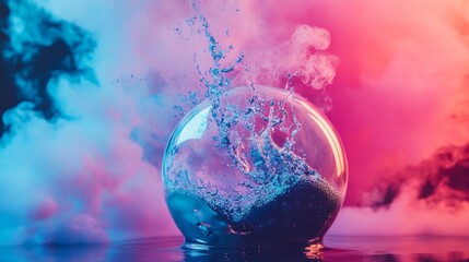 Abstract globe surrounded by pink and blue splashes in space