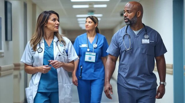 Medical Team Consultation: Three dedicated healthcare professionals&mdash;a doctor and two nurses&mdash;engage in a serious discussion as they walk down a hospital corridor.