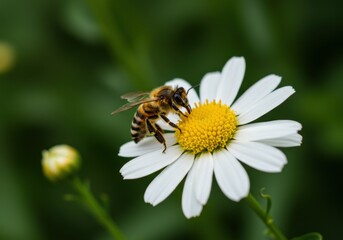 Honeybee pollinating a white daisy flower in a lush green garden setting