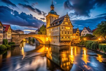 Fototapeta premium Bamberg Old Town Hall Night Photography - Regnitz River Illumination