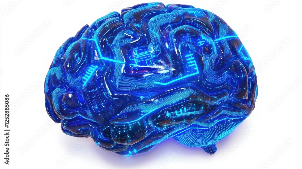 Poster high-tech blue brain with circuit patterns and glowing effects