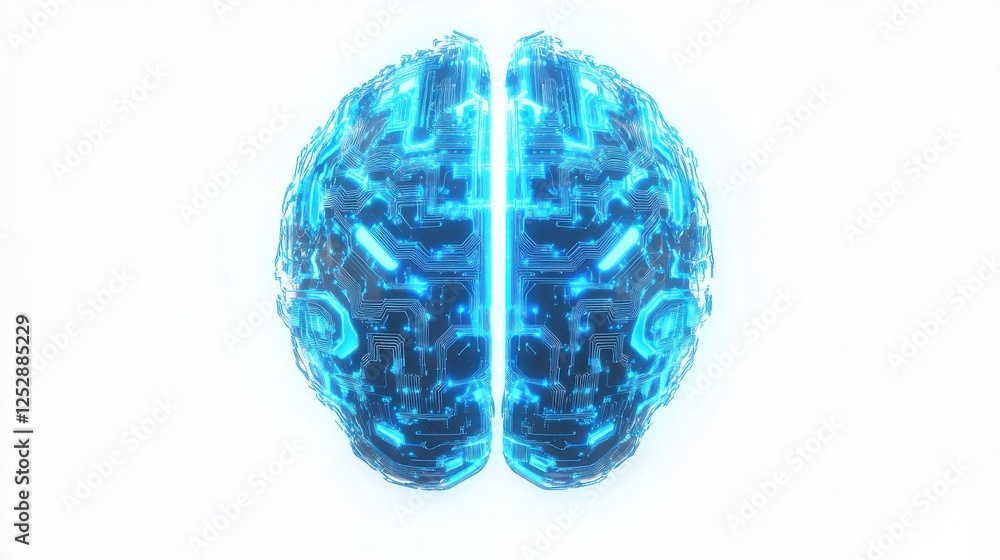 Poster futuristic digital brain with circuit patterns in blue color scheme
