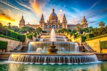 Barcelona National Palace Museum Spanish Square Fountain Summer Long Exposure Photography