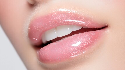 Naklejka premium Close-up of a woman's mouth, showing her lips and teeth. the lips are slightly parted, and the teeth are white. the woman's skin appears to be smooth and well-groomed.