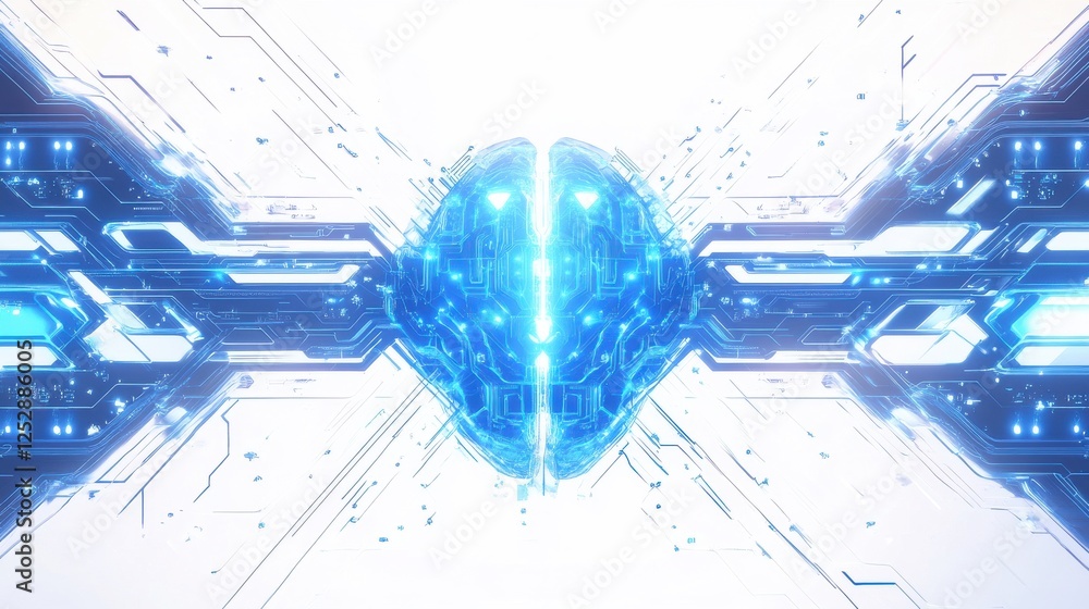 Poster futuristic digital brain with circuitry design on bright background