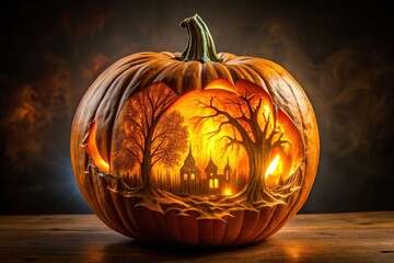 AI-generated jack-o'-lantern, spooky, isolated, double exposure.