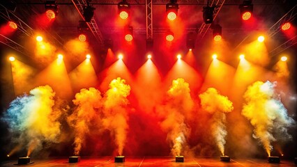 Fototapeta premium AI-generated stage photo: red, yellow lights, smoke.