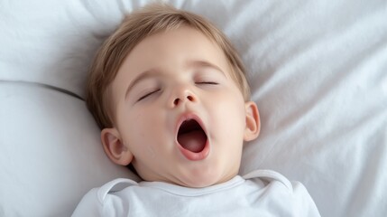 Close-up of a baby lying on a white bedsheet. the baby is wearing a white onesie and has blonde hair. its eyes are closed and its mouth is open wide, as if it is yawning or making a funny face.