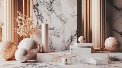 Minimalist arrangement with marble textures and neutral decor