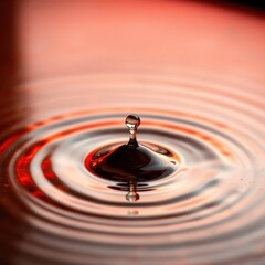 Close-up of a water droplet creating ripples on a reflective surface with warm lighting effects