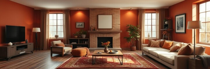 Warm living room with autumnal color palette featuring earthy tones such as terracotta and sienna, rustic elements, warm interior