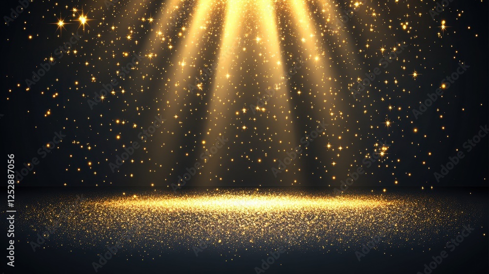 Poster golden light rays with sparkles illuminating dark background