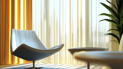 Modern lounge area with white chairs and golden sunlight