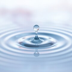 A close-up view of a water droplet creating ripples in a serene blue water surface, evoking tranquility