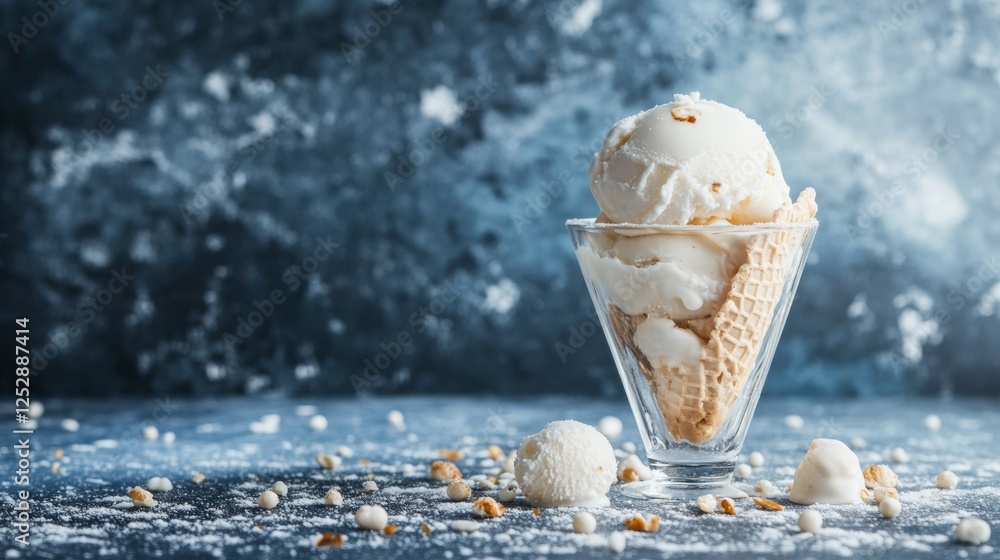 Poster vanilla ice cream in a cone with toppings on a frosty surface