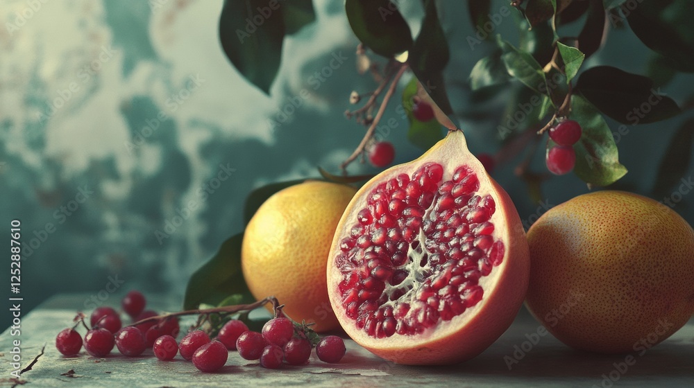 Poster cut-open pomegranate and grapes on a rustic surface