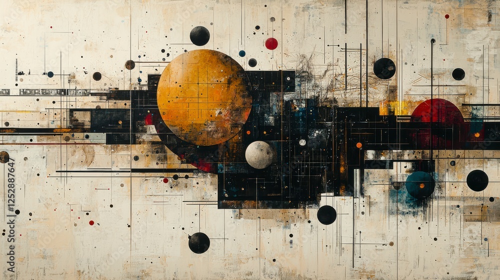 Poster abstract art of colorful planets and geometric shapes in modern style creating a cosmic landscape