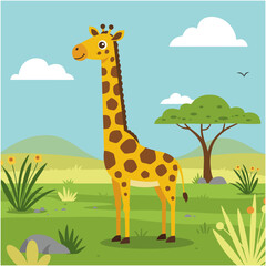 Fototapeta premium Cute Giraffe in African Savanna Cartoon Illustration