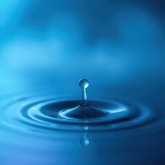 Close-up of a water droplet creating ripples in a serene blue environment with soft lighting