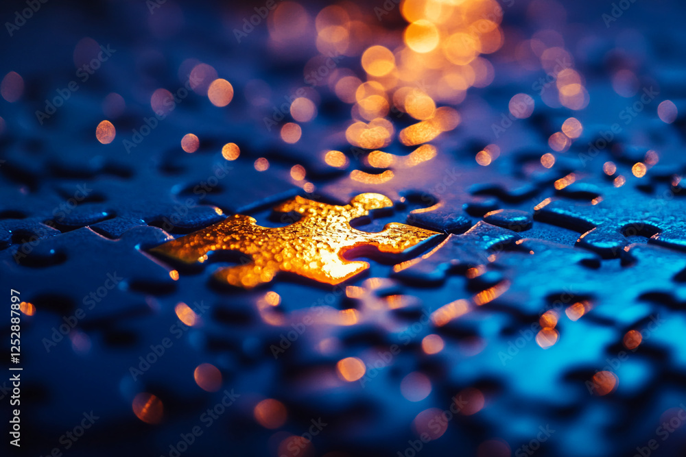 Poster close-up of a puzzle piece in a sea of puzzle pieces, reflecting light and glistening with water dro