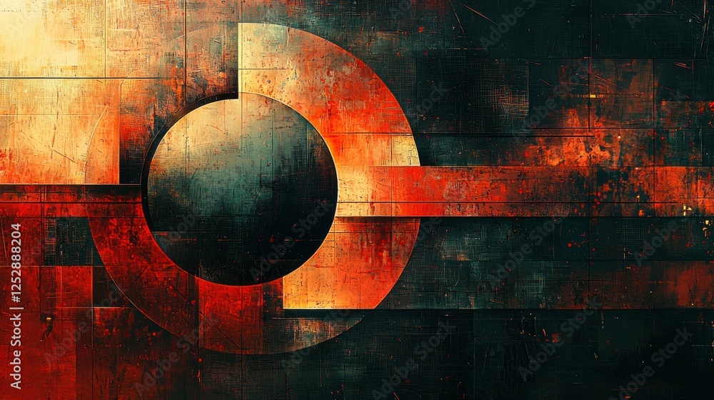 Poster abstract geometric artwork featuring bold shapes and vibrant colors in a textured background