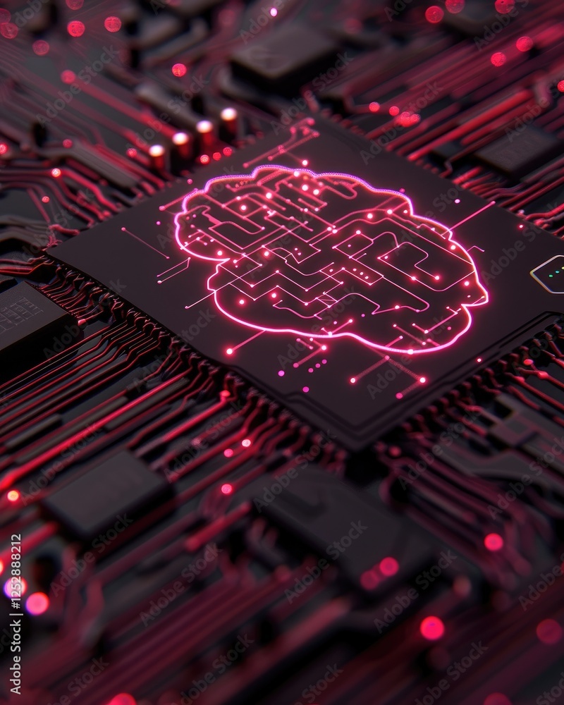 Poster abstract circuit board with glowing neural network design in red tones.