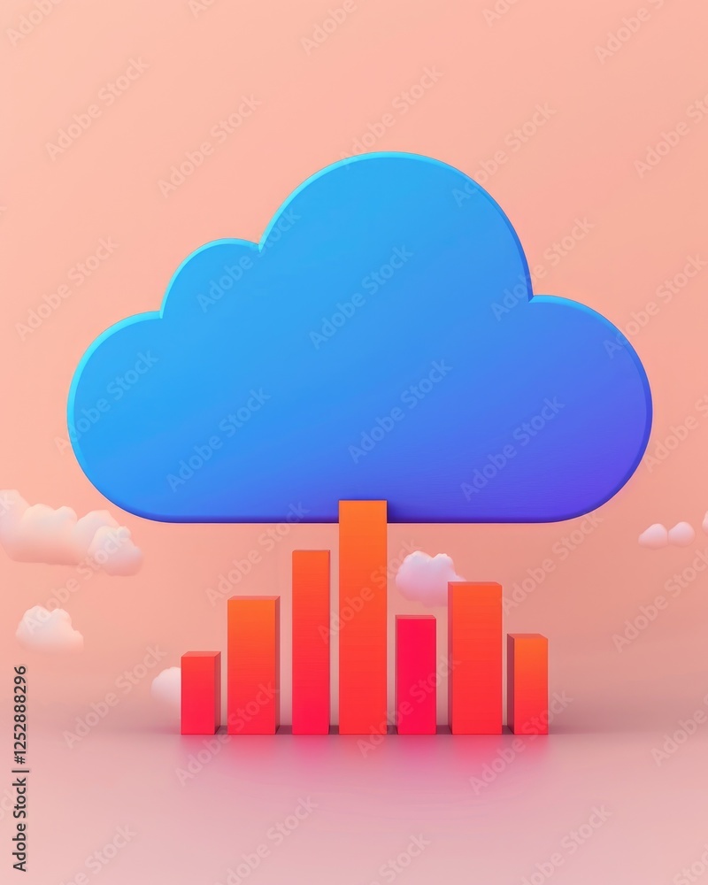 Poster colorful cloud icon with data bars, representing cloud computing and analytics.