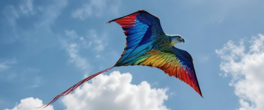 Vibrant colors of a Balinese Jagan Kite against a bright blue sky, tropical sky, happy moment