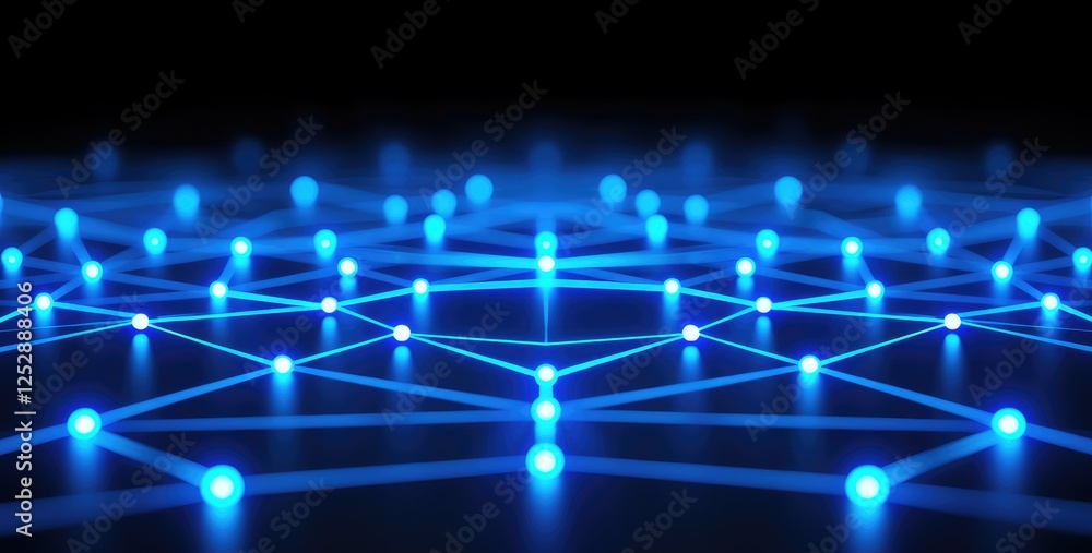 Poster abstract digital network with glowing blue nodes and lines on a dark background.