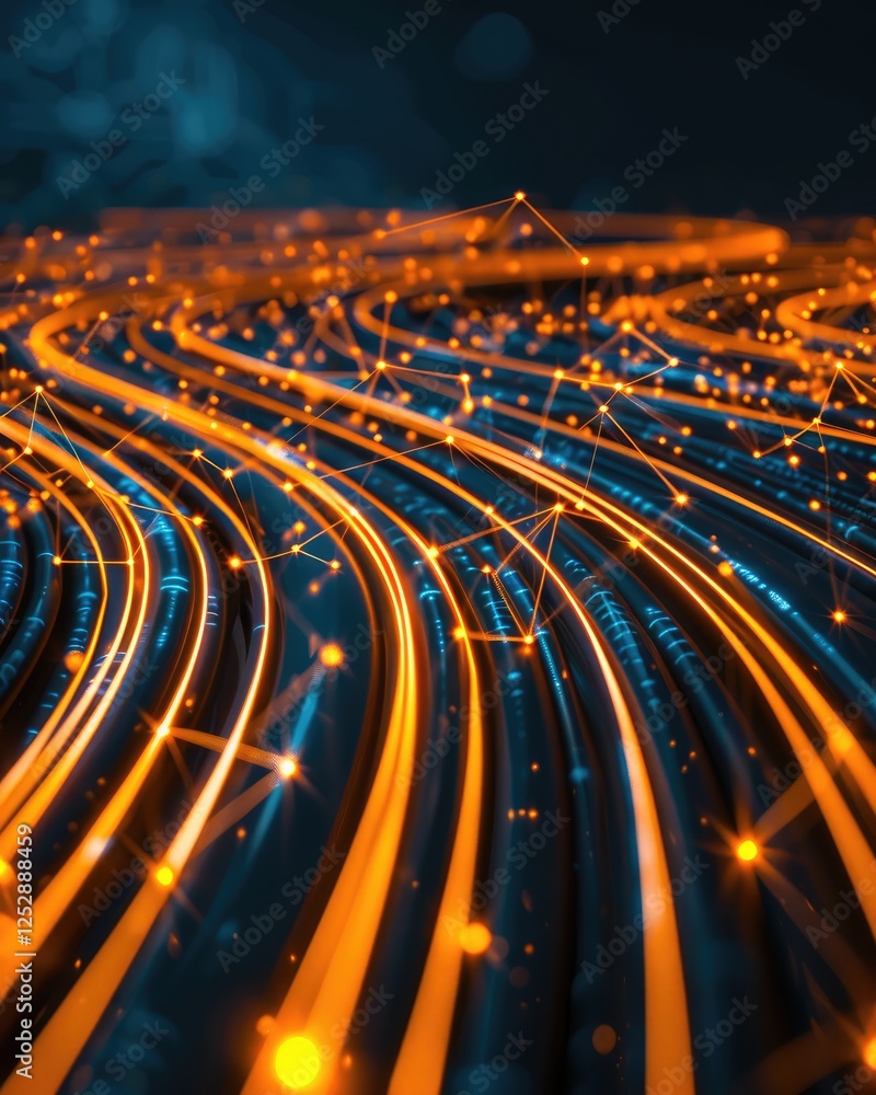 Poster vibrant abstract lines of light in orange and blue creating a dynamic digital landscape.