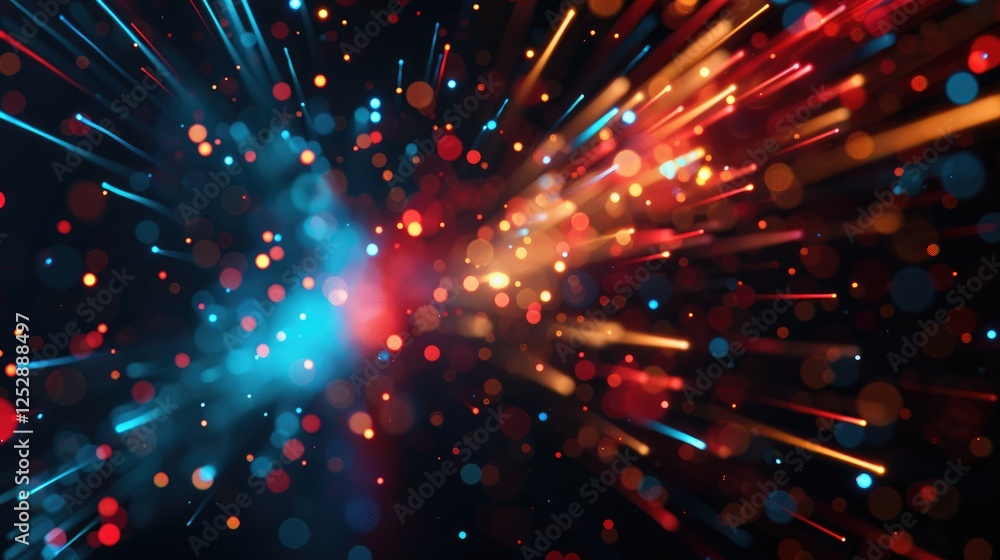 Poster vibrant explosion of colorful light particles creating a dynamic visual effect.