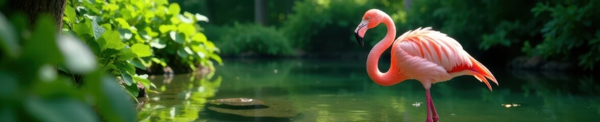 Fototapeta premium Elegant pink flamingo amidst lush green vegetation, shallow water, colorful, water, image