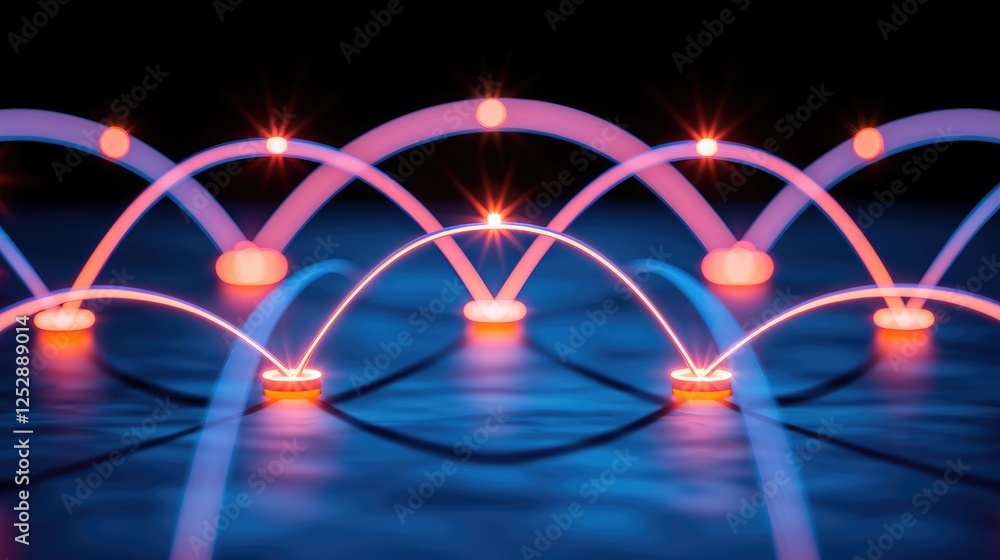 Poster colorful light arches over a reflective surface create a dynamic visual effect.